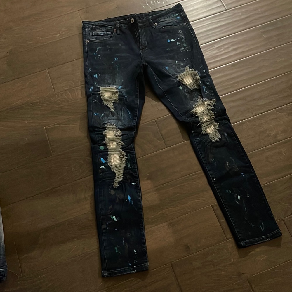 Mens Skinny Stretch Splatter Paint Jeans Gem